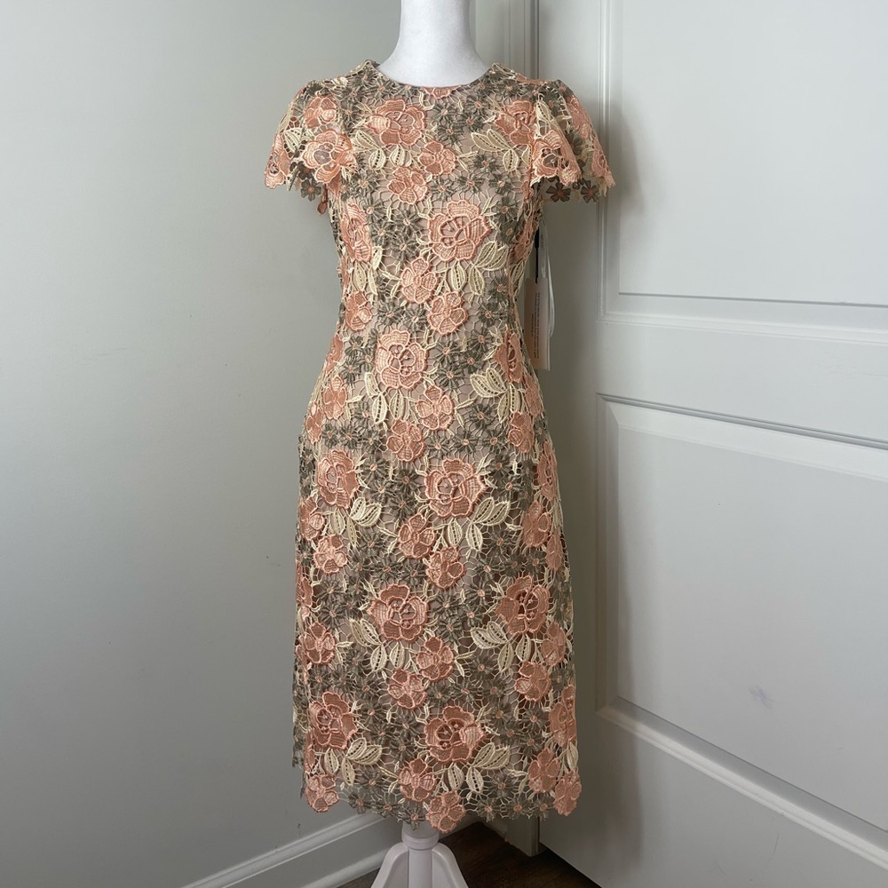 Calvin Klein Floral Lace Midi Dress in Peach and Cream